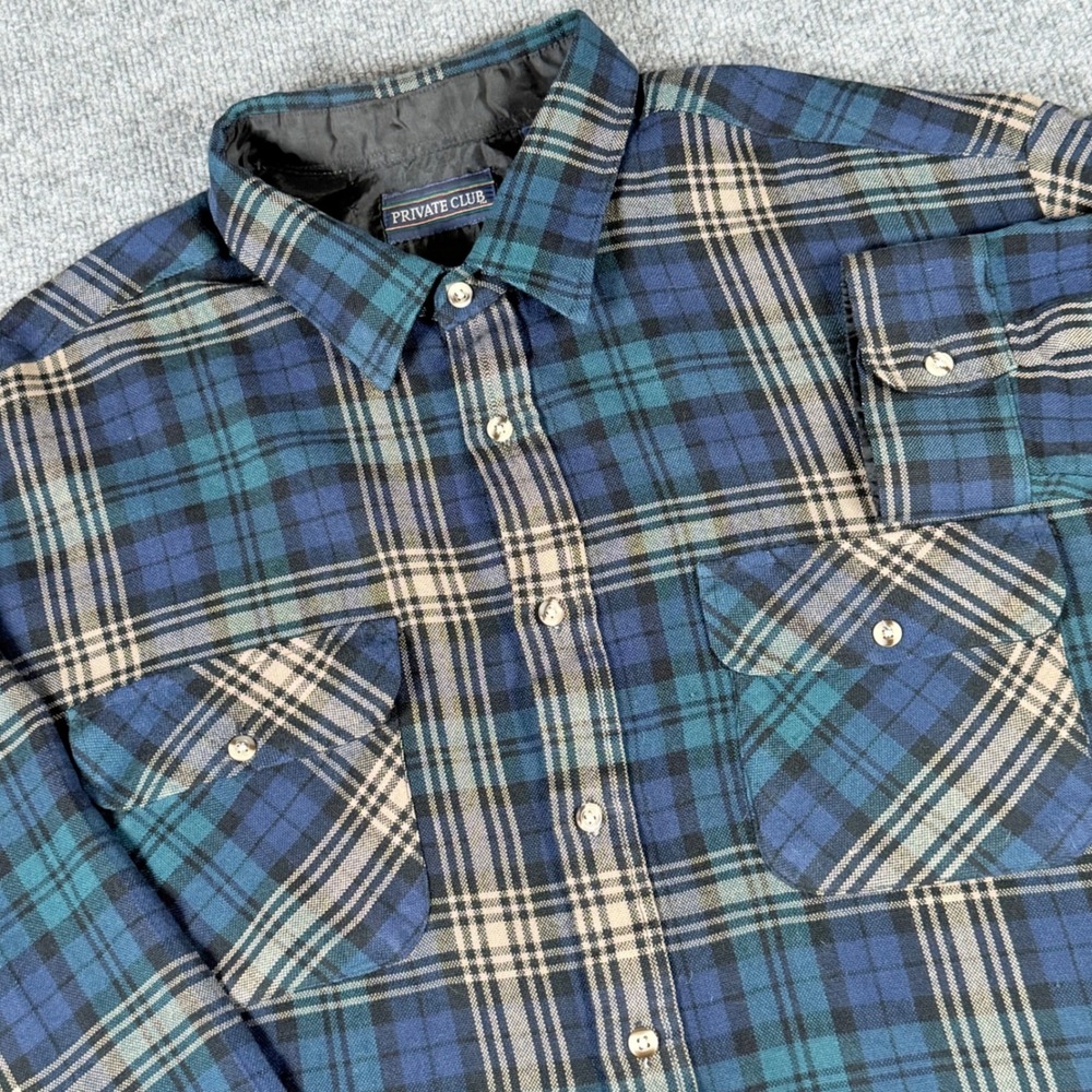Vintage Private Club Men 2XL Blue Plaid Flannel Shirt Acrylic Cowboy Camping